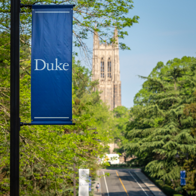 Duke flag in front of chapel